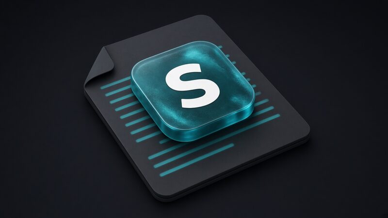 Lucid Sentence — a cyan acrylic S on a dark document