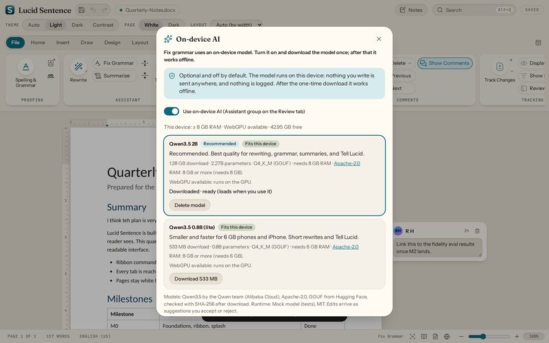 Lucid Sentence preview: model manager. Turn the assistant on, see what fits your device, and download a model once. After that it runs offline and nothing you write leaves the device.