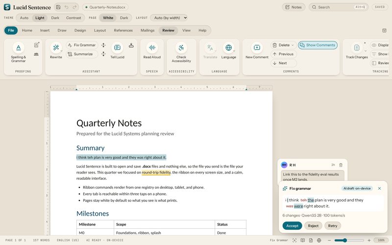 Lucid Sentence preview: offline ai assistant. Optional and off by default. Fix grammar, rewrite, or summarize on a notes page; every edit is a suggestion you accept or reject. Shown with the built-in test model.