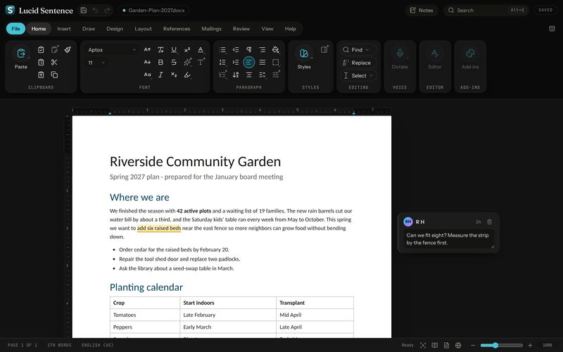 Lucid Sentence preview: dark theme. The interface goes dark. The page stays white, so what you see is what prints.