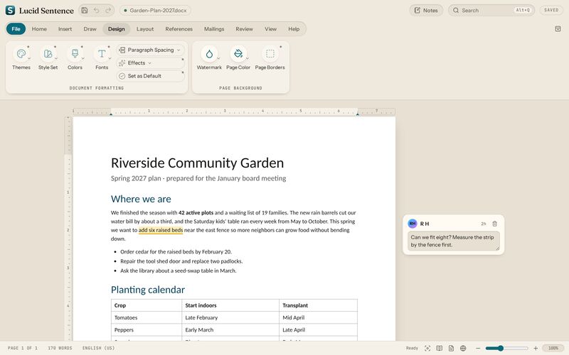 Lucid Sentence preview: design tab. Themes, colors, fonts, paragraph spacing, watermark, and page borders.