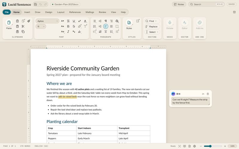 Lucid Sentence preview: the ribbon you know. Home tab, light theme. Real pages, rulers, and comments in the margin.