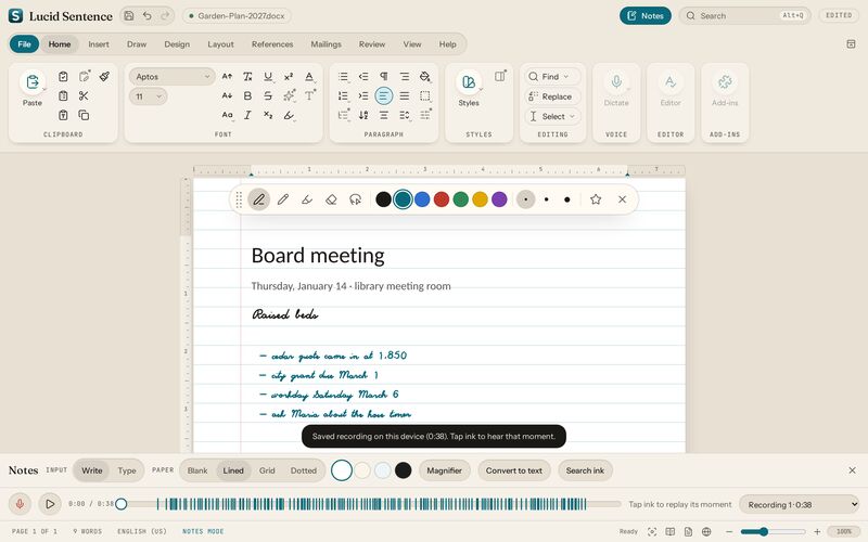 Lucid Sentence preview: audio notes. Record while you write. Tap a line later to hear what was said at that moment.