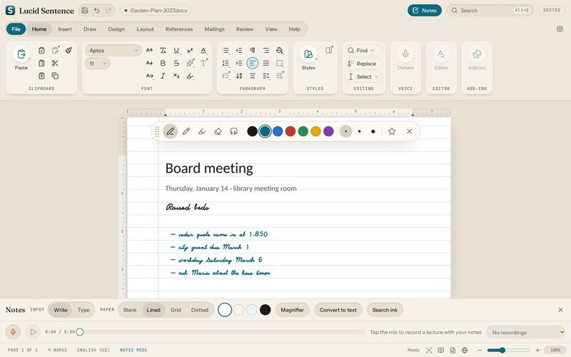 Lucid Sentence preview: notes mode. Lined, grid, or dotted paper. Write by hand like it’s a notebook.