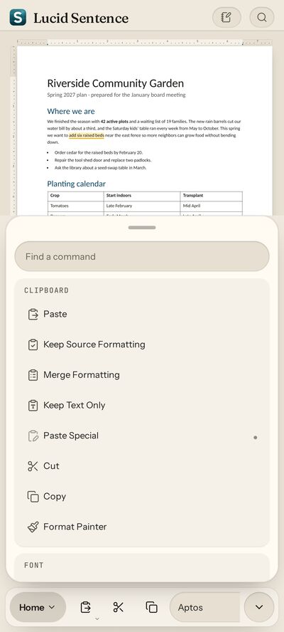 Lucid Sentence preview: phone. Tabs open as a bottom sheet you can search. Same commands as desktop.