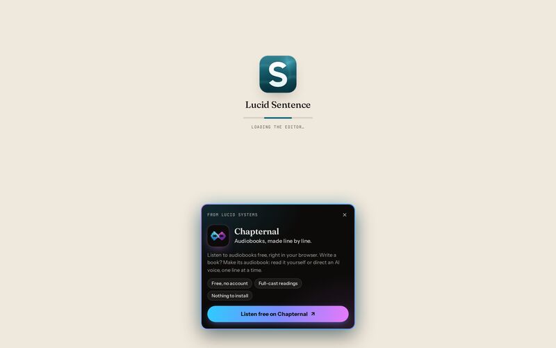 Lucid Sentence preview: launch screen. Official builds may show one labeled card for another Lucid Systems app. ✕ or Esc closes it.