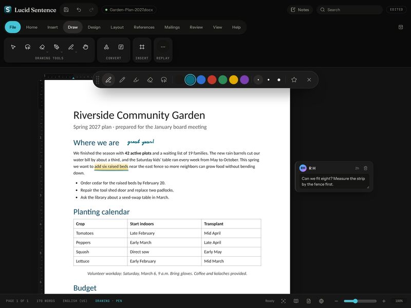 Lucid Sentence preview: tablet, landscape. Dark theme with the floating pen toolbar. Pressure, tilt, and palm rejection.