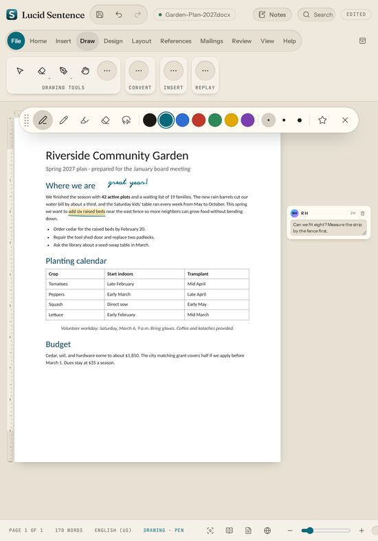 Lucid Sentence preview: tablet, portrait. Every ribbon tab fits. The pen toolbar sits where your hand is.
